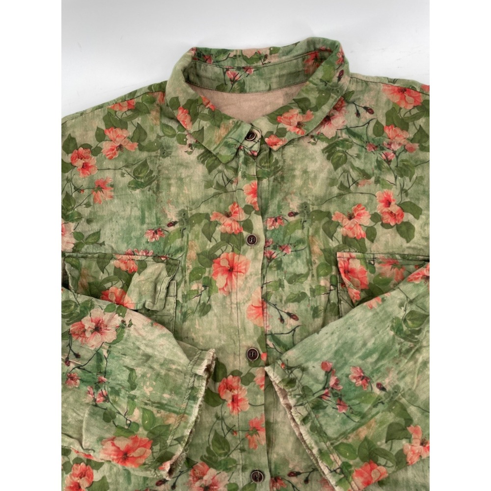 Shabby Chic Top Womens XL Olive Pink Floral 100% Cotton Cottage Country Boho NEW - Picture 2 of 9